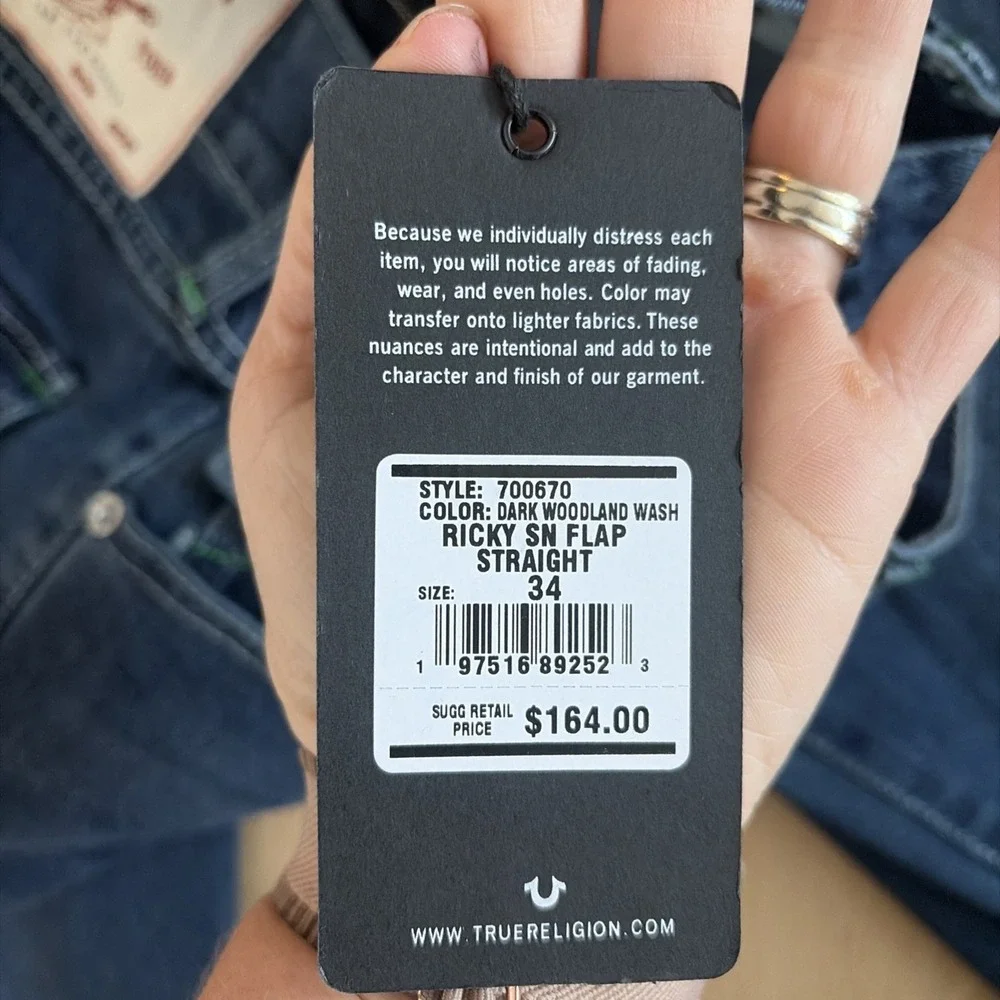 True Religion Ricky Relaxed Straight Jeans Size 34 X 34 NWT Flap Pockets‎